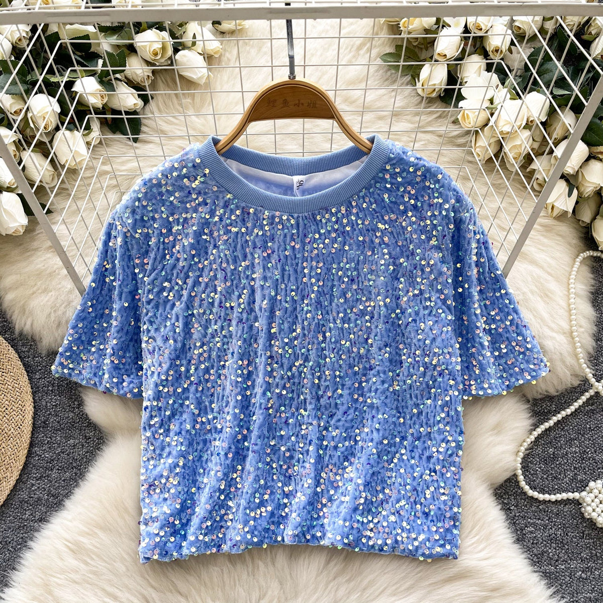 Crew Neck Sequined Short T-shirt