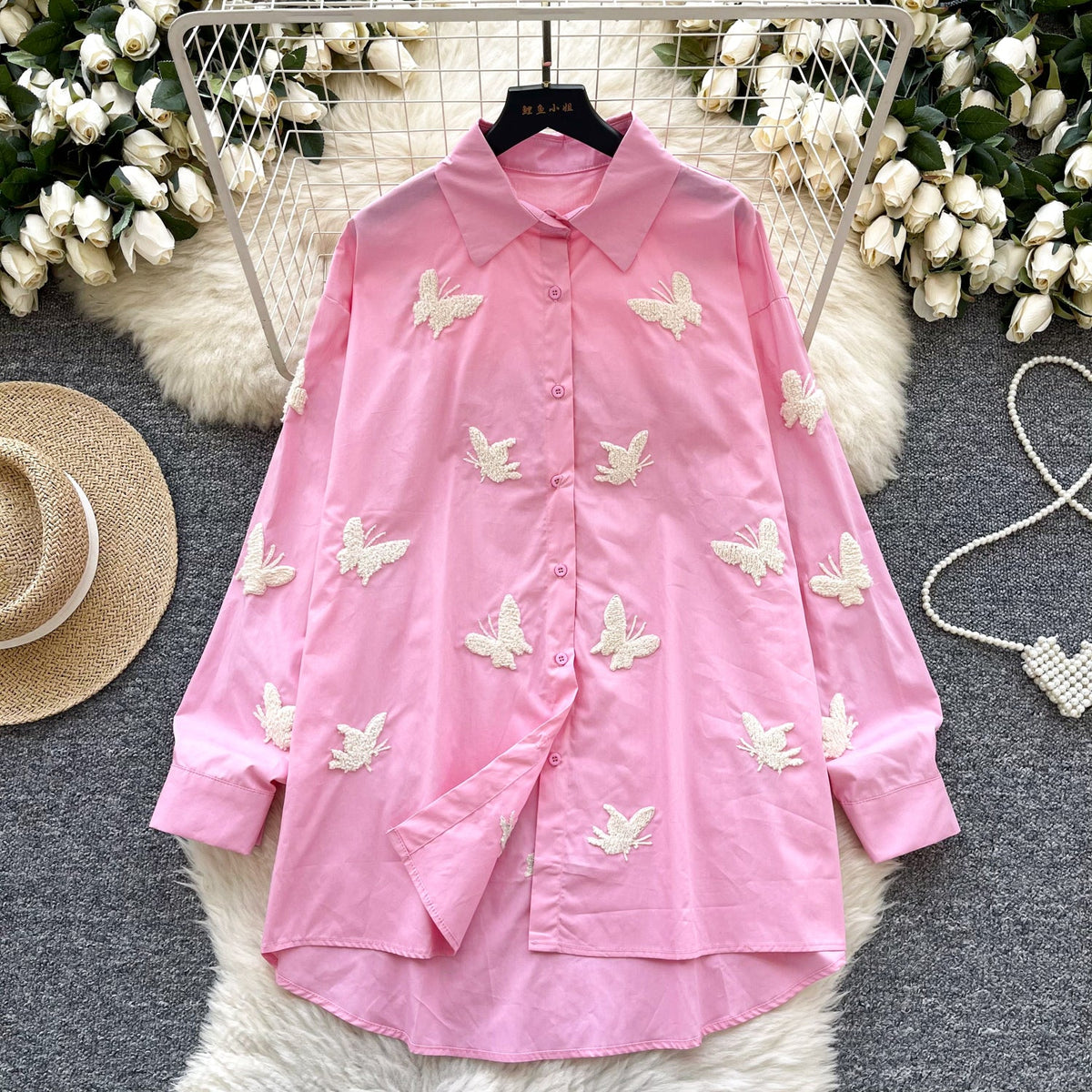Butterfly Embroidered Loose-fit Shirt