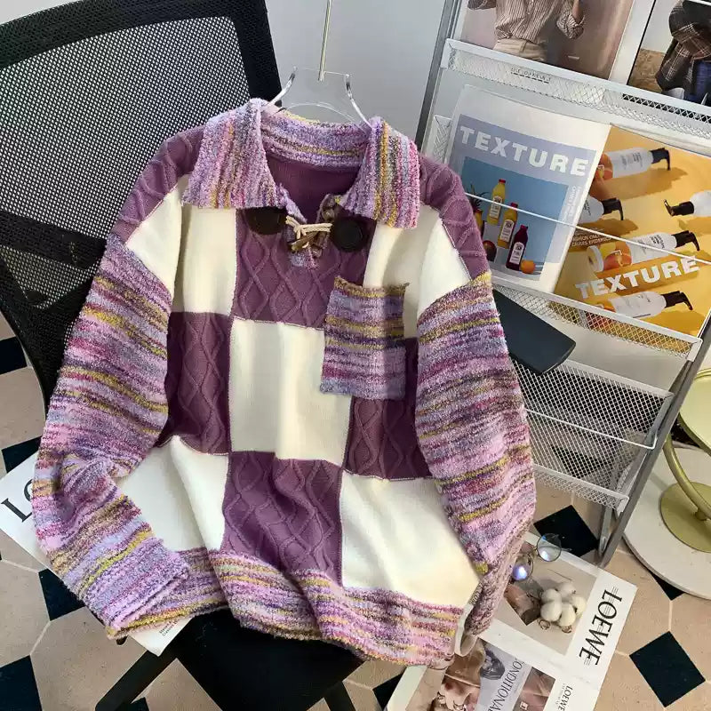 Vintage Cow-horn Button Plaid Sweater