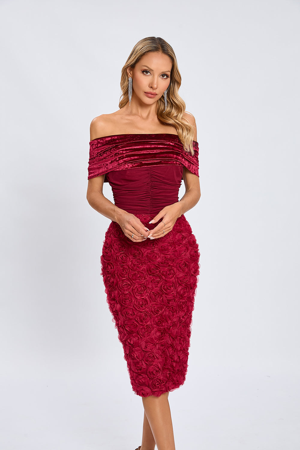 Beroe Off-shoulder Floral Embellished Midi Dress