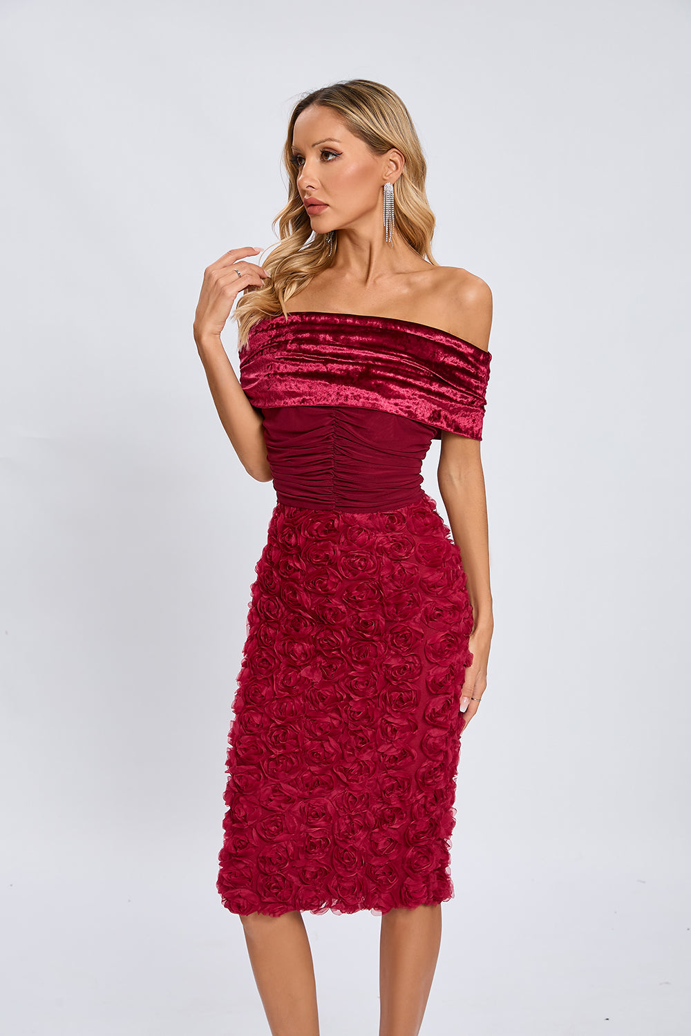 Beroe Off-shoulder Floral Embellished Midi Dress