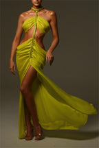 Chiffon Halter Neck Cut-Out Split Midi Dress
