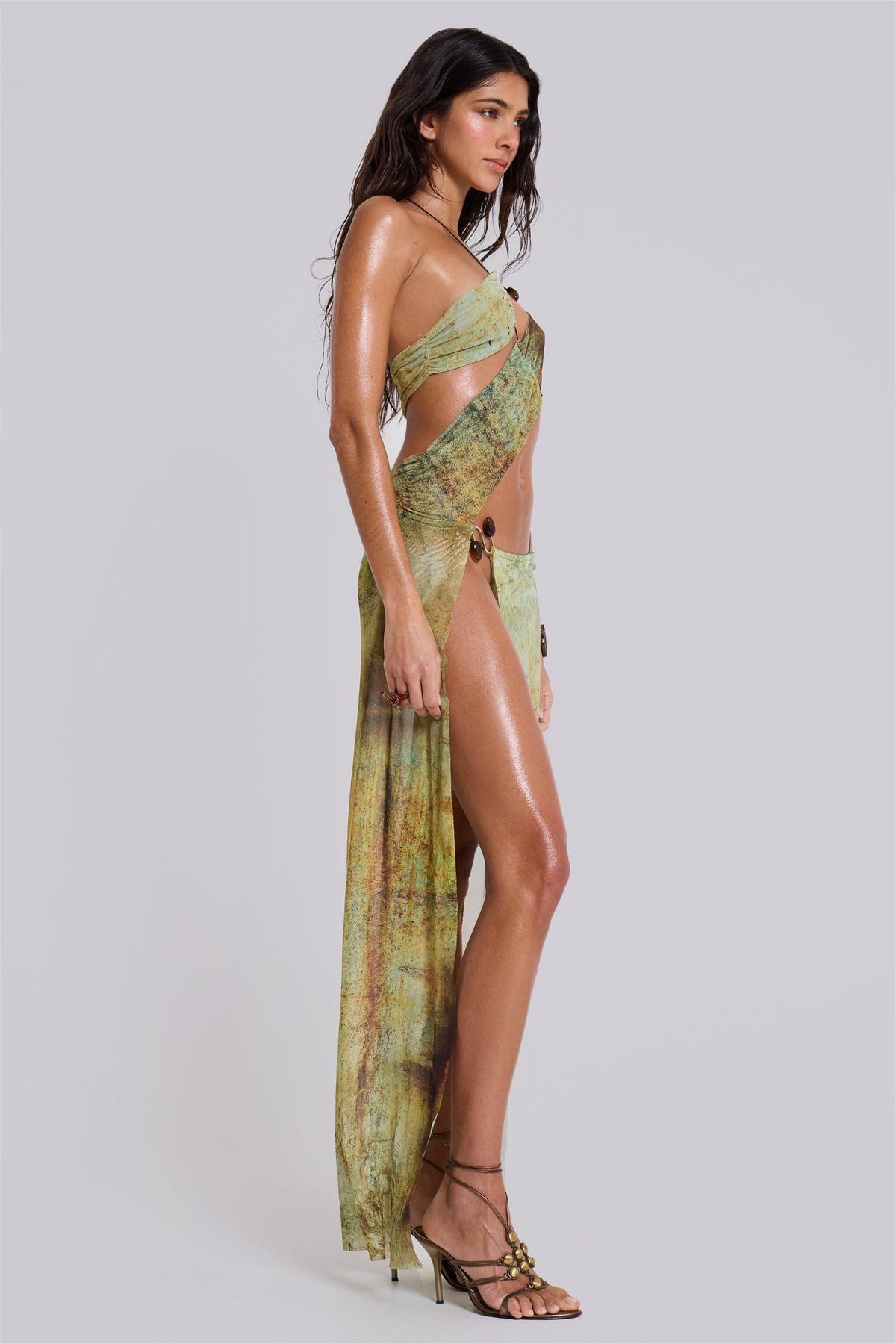 Mesh Cut-Out Halter Neck Midi Dress