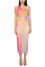 Rhinestone Mesh One-Shoulder Split Midi Dress
