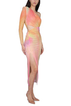Rhinestone Mesh One-Shoulder Split Midi Dress