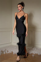 Feather Rhinestone Sweetheart Neck Slip Maxi Dress