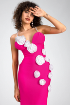 3D Flower Bandage Faux Pearl Midi Dress