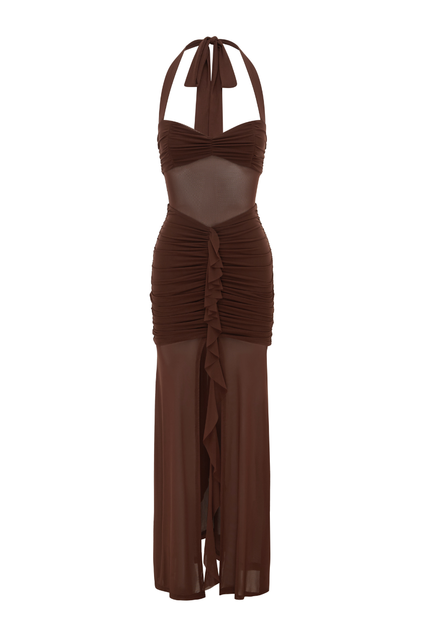 Mesh Ruched Halter Neck Midi Dress