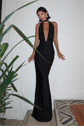 Solid V-Neck Lace Up Backless Midi Dress