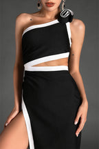 3D Flower Bandage Asymmetrical Split Midi Dress