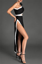 3D Flower Bandage Asymmetrical Split Midi Dress