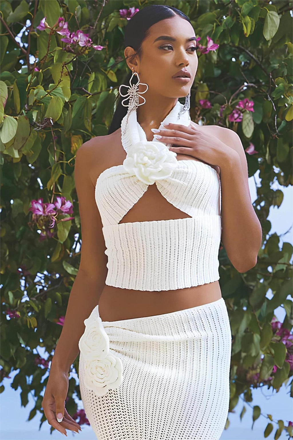 3D Flower Crochet Halter Neck Cut-Out Top & Low Waist Midi Skirt Set