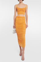 Rhinestone Swing Collar Camis & Hight Waist Ruched Midi Skirt Set