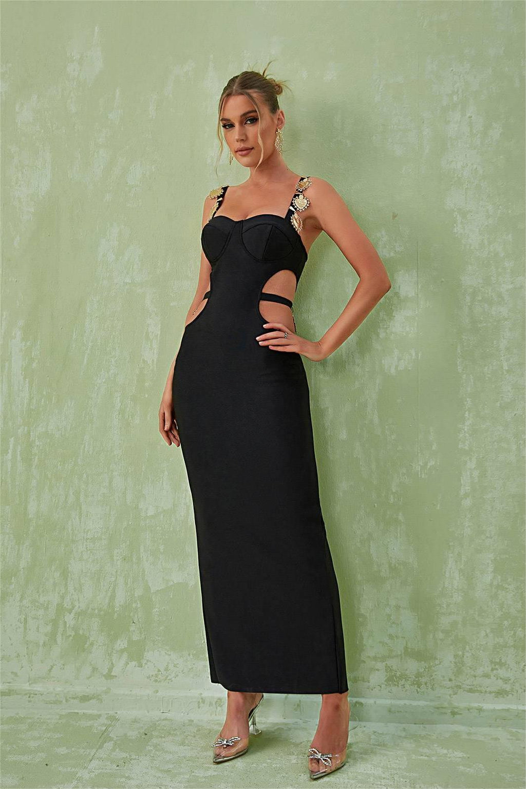 Metallic Embellished Cut-Out Maxi Dress
