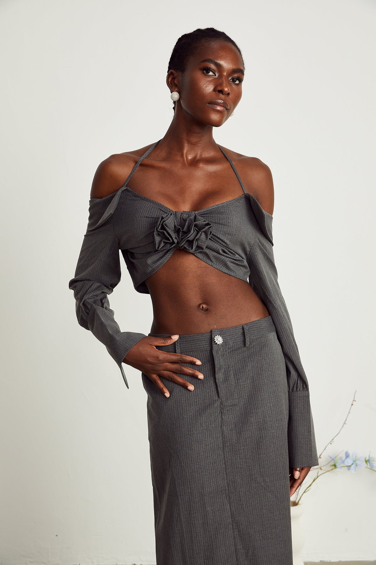3D Flower Off Shoulder Mini Top & High Waist Midi Skirt Set
