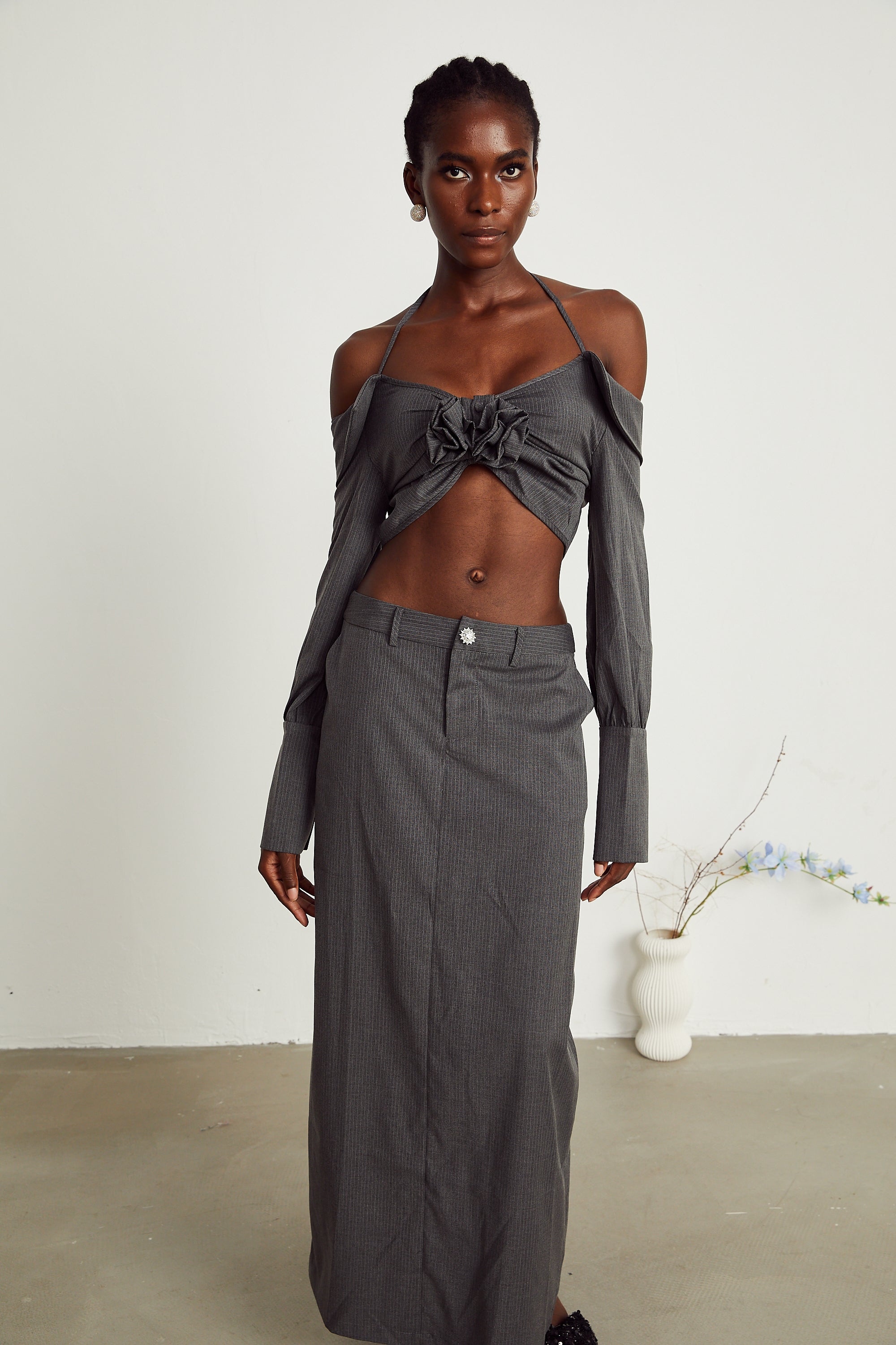 3D Flower Off Shoulder Mini Top & High Waist Midi Skirt Set