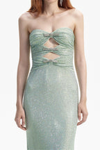 Rhinestone Mesh Strapless Cut Out Maxi Dress