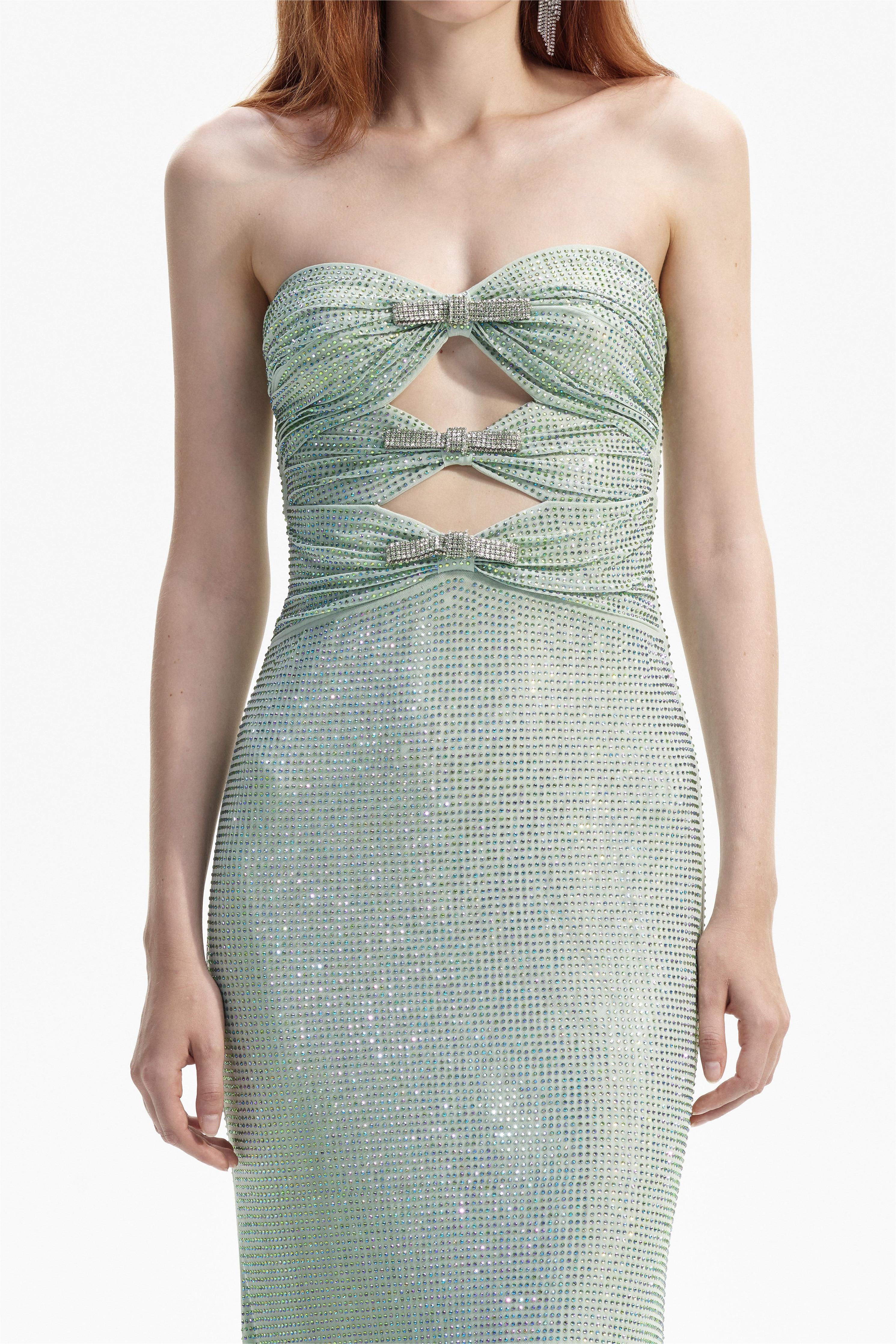 Rhinestone Mesh Strapless Cut Out Maxi Dress