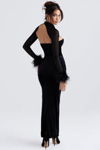 Velvet Splicing Mesh Feather Trimmed Sleeve Midi Dress