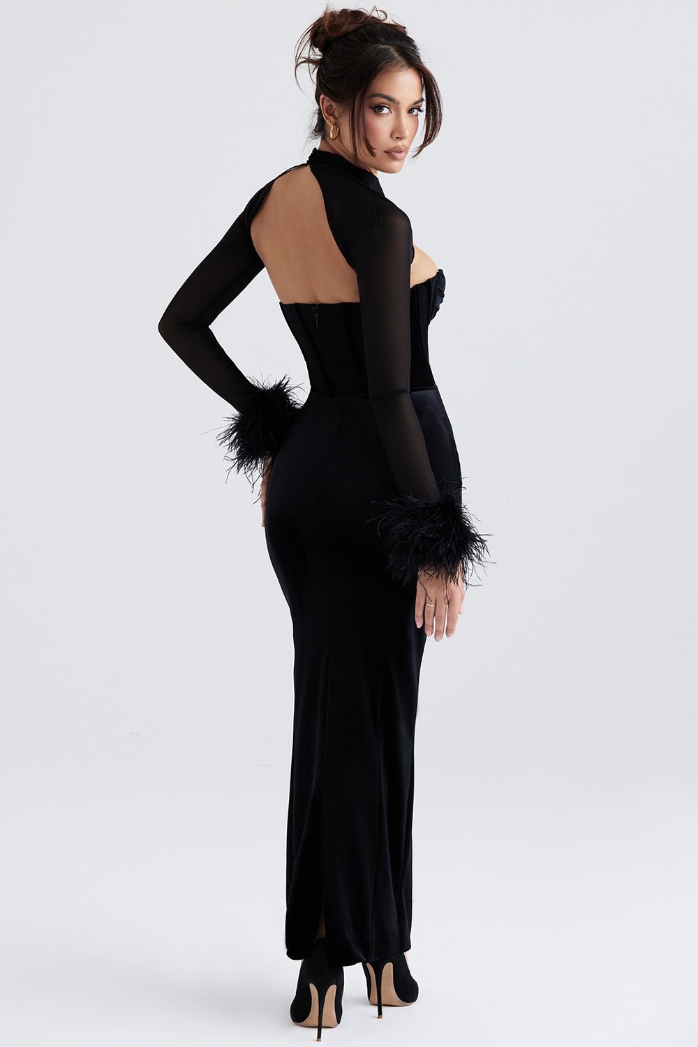 Velvet Splicing Mesh Feather Trimmed Sleeve Midi Dress