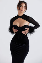 Velvet Splicing Mesh Feather Trimmed Sleeve Midi Dress