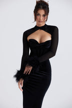 Velvet Splicing Mesh Feather Trimmed Sleeve Midi Dress