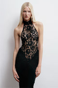 Lace Gathering Halter Neck Maxi Dress