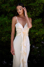 Satin Gathering Ruffle Off Shoulder Maxi Dress