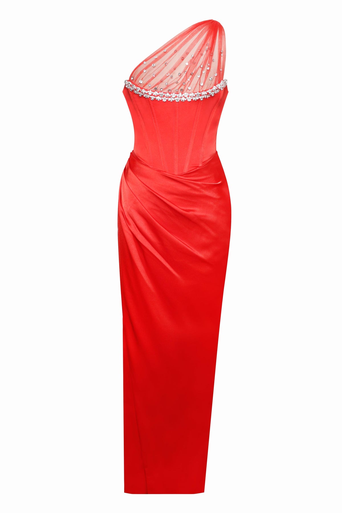 Satin Faux Pearl One Shoulder Midi Dress