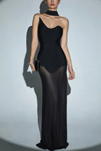 Mesh Splicing Off Shoulder Asymmetric Maxi Dress