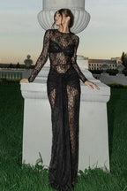 Solid Lace Long Sleeve Maxi Dress