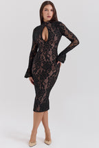 Lace Long Sleeve Cut Out Midi Dress