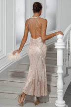 Sequin Backless Faux Pearl Maxi Dress