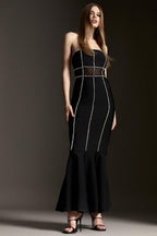 Off-Shoulder Rhinestone Fishtail Maxi Dress