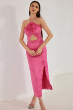 3D Flower Frill Halter Neck Midi Dress