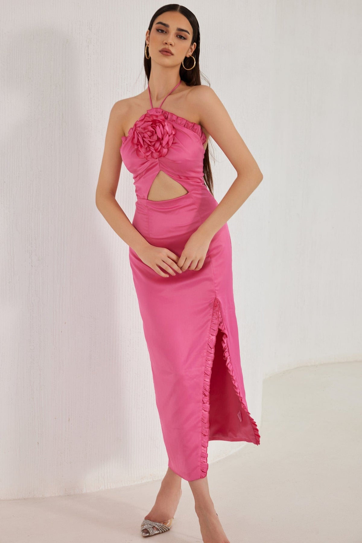 3D Flower Frill Halter Neck Midi Dress