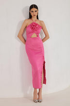 3D Flower Frill Halter Neck Midi Dress