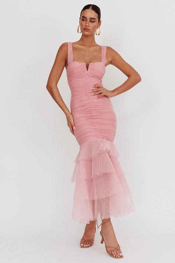 Ruched Splicing Ruffle Midi Dress