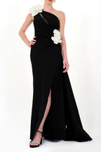 3D-Flower One Shoulder Split Maxi Dress