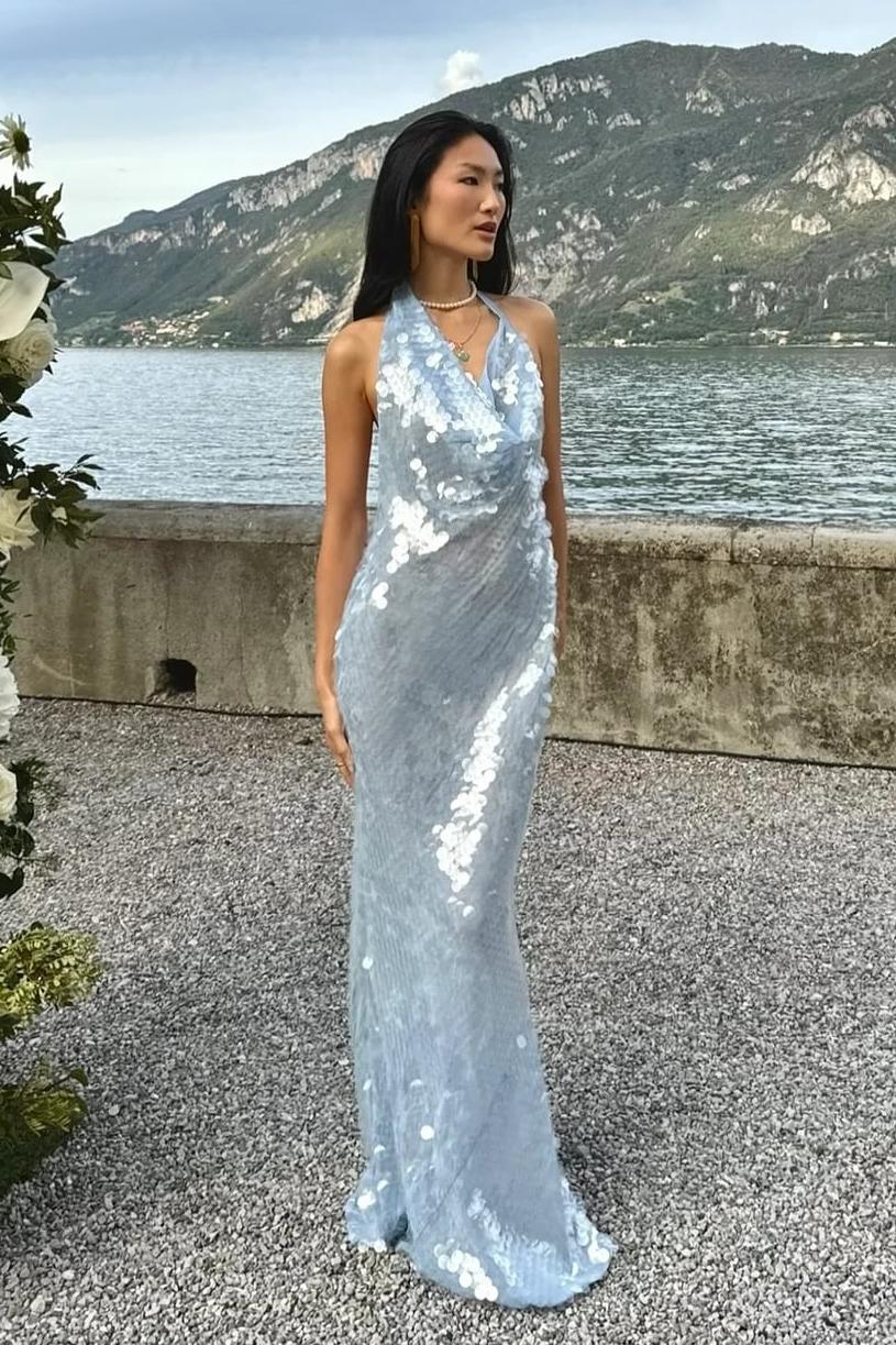 Sequin Lace-Up Asymmetrical Neck Midi Dress