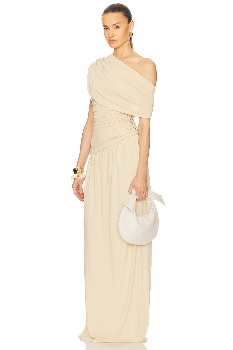 Solid Gathering Skew Collar Maxi Dress