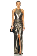 Metallic Fabric Halter Neck Split Maxi Dress