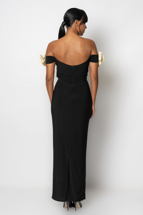 3D Flower Bandage Off-Shoulder Slit Midi Dress