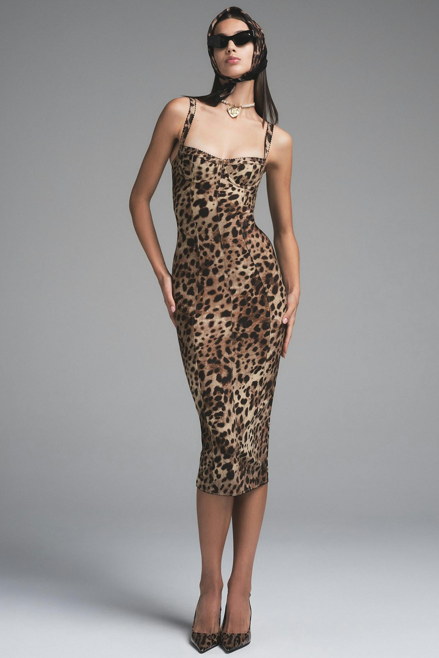 Leopard Print Sweetheart Neck Slip Midi Dress
