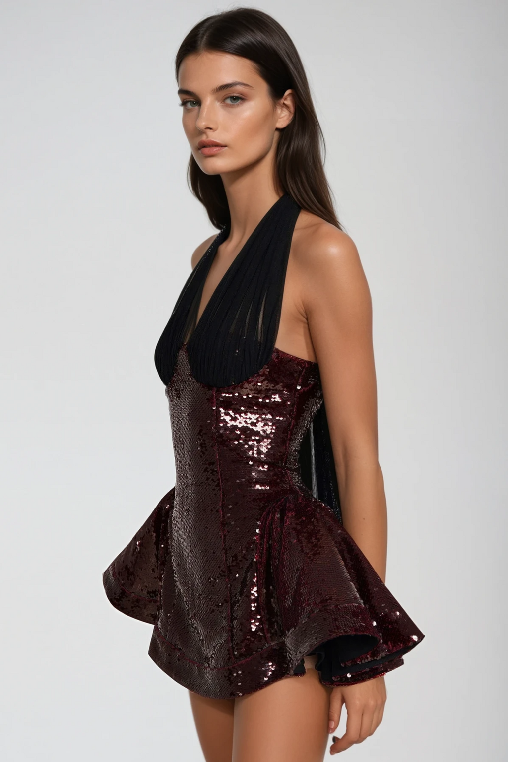 Mesh Splicing Sequin Halter Neck Mini Dress