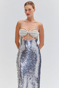 Sequin Splicing Bandage Faux Pearl Sweetheart Neck Midi Dress