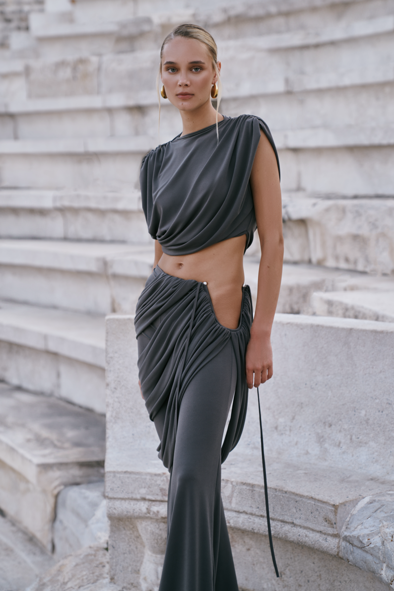 Solid Sleeveless Gathering Top & Ruched Pants Set