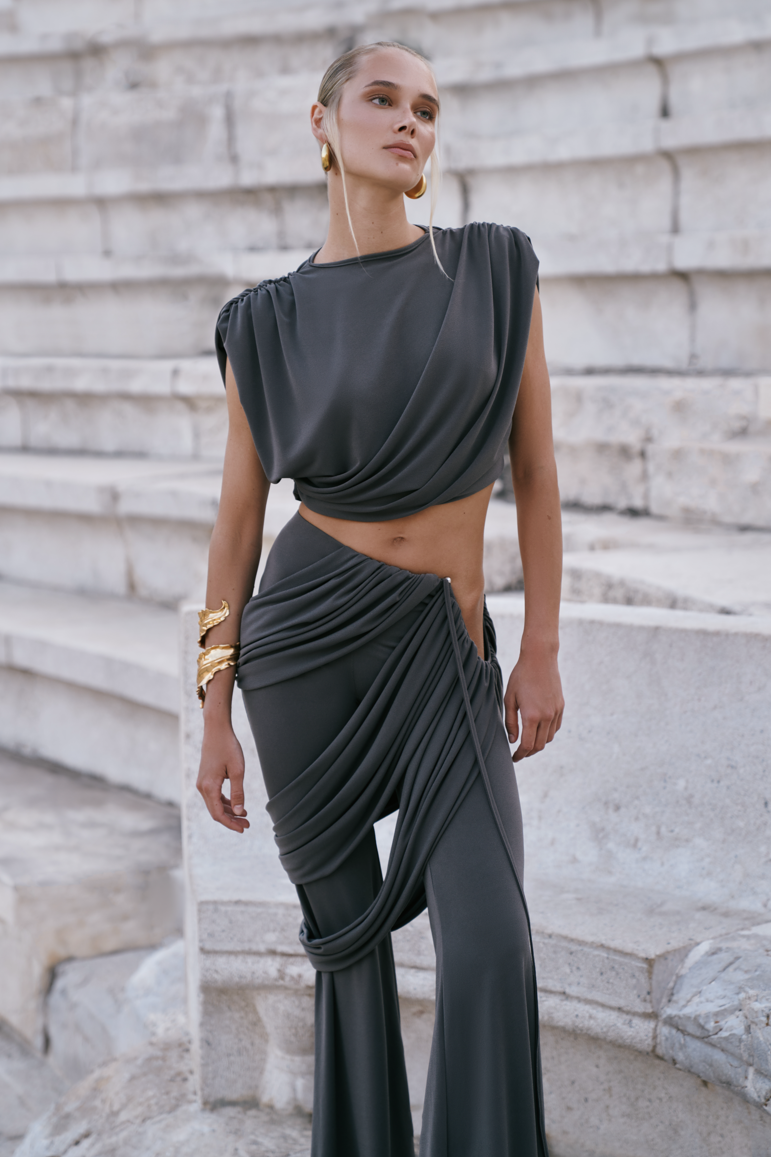 Solid Sleeveless Gathering Top & Ruched Pants Set