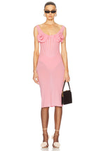 3D Flower Mesh Off-Shoulder Midi Dress