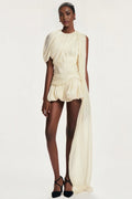 Cape Sleeve Ruched Asymmetrical Mini Dress